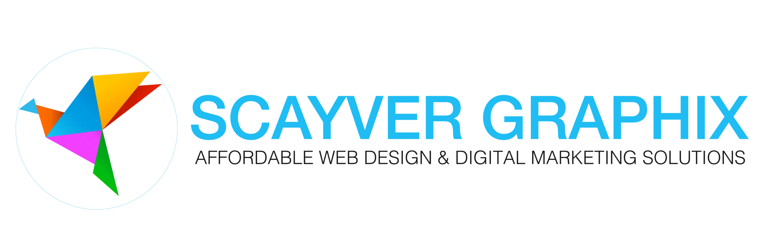 Logo of scayver graphix featuring a colorful abstract icon next to the company name on a dark background with horizontal lines.